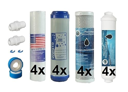 ERSATZFILTER SET RO 2 Jahre 5 Stufen Umkehrosmose Osmose Anlage Wasser Filter System 12 x 10 Zoll Vorfilter 4 x Inline Nachfilter ohne Osmose Membran von Planet-Aqua