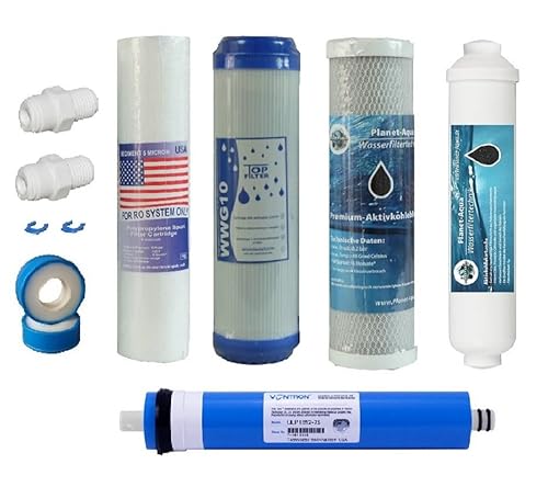 ERSATZFILTER SET Umkehrosmose Anlage 5 Stufen mit 75 GPD Membran Wasserfilter System mit Adapterzubehör 3x Vorfilter 1x Aktivkohle Nachfilter und eine Osmose Membrane Filter von Planet-Aqua