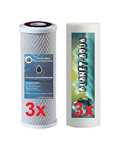 Ersatzfilter 10 Zoll für Osmoseanlage Wasserfilter und die Umkehrosmose. Filterset besteht aus 3 x Sediment Filter 5 Mikron + 3 x Aktivkohle Block Kartusche Patrone. Osmose Trinkwasser Aquarium Wasser von Planet-Aqua