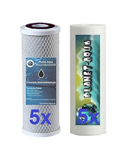 Ersatzfilter 10 Zoll für Osmoseanlage Wasserfilter und die Umkehrosmose. Filterset besteht aus 5 x Sediment Filter 5 Mikron + 5 x Aktivkohle Block Kartusche Patrone. Osmose Trinkwasser Aquarium Wasser von Planet-Aqua