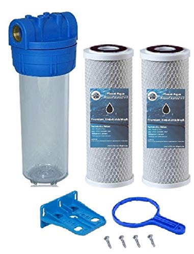 Filtergehäuse SET 10 Zoll 3/4" Wasseranschluß 2x AKTIVKOHLE FILTER BLOCK 1x SCHLÜSSEL & 1x WANDHALTERUNG Vorfilter Umkehrosmose Brunnenwasser Filtergehäuse SET 10 Zoll 3/4" Wasseranschluß 2x AKTIVKOHLE FILTER BLOCK 1x SCHLÜSSEL & 1x WANDHALTERUNG Vorfilter Umkehrosmose Brunnenwasser von Planet-Aqua