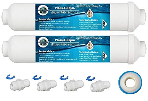 Mineralfilter 2 Stück, Wasser Mineralisierer Wasserfilter mit Adapter 1/4 Zoll für Schlauchleitung (ca. 6mm Außen) und Zubehör für die Umkehrosmose Osmoseanlage SBS Kühlschrank Filter Patrone von Planet-Aqua