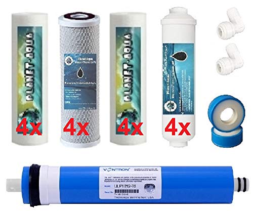 Osmose Ersatzfilter 10 Zoll + 75 GPD Membran und Zubehör für den Inline Aktivkohle Nachfilter. 16 x Filterkartuschen / Filterpatronen für die Umkehrosmose Osmoseanlage Wasserfilter Filter Anlage von Planet-Aqua