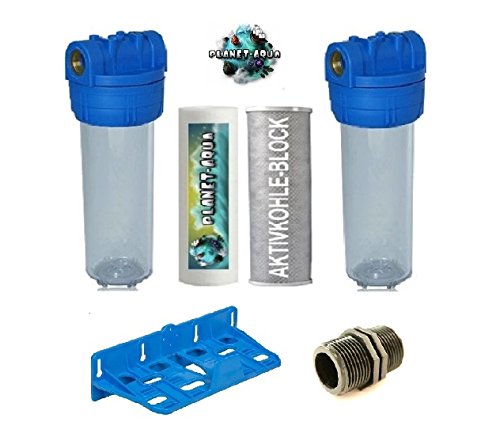 Planet-Aqua 2er Filtergehäuse Set 10 Zoll mit 3/4" Anschluß inkl. Wandhalter, Sedimentfilter, Aktivkohlefilter und Verbinder Muffen - Wasser Brunnen Pumpenfilter Hauswasserwerk von Planet-Aqua