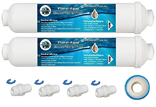Planet-Aqua Mineralfilter 2 Stück, Wasser Mineralisierer mit Adapter 1/4 Zoll für Schlauchleitung (ca. 6mm Außen) und Zubehör für Umkehrosmose Osmoseanlage und SBS Kühlschrank Filter Patrone von Planet-Aqua