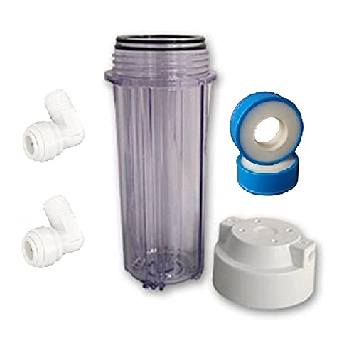 Planet-Aqua Transparentes Filtergehäuse in 10 Zoll mit 1/4" Gewinde inkl. Winkel Fitting und Zubehör für Osmoseanlagen und Wasserfilter. Gehäuse/Filter für die Wasserfilterung von Planet-Aqua