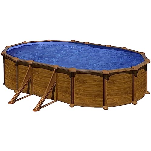 Planet Pool Stahlwandpool oval High Line 610x375x132 cm, Stahl 0,45 mm Holzoptik, Folie 0,4 mm blau, Overlap von Planet Pool