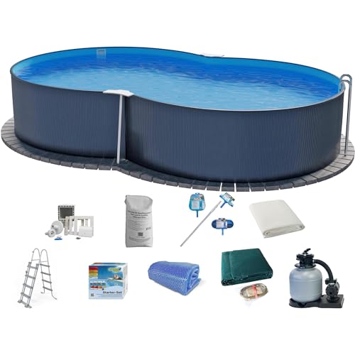 Stahlwandpool Set (10-teilig) hoch achtform 470x300x120 cm, Stahl 0,4 mm anthrazit Folie 0,4 mm blau von Planet Pool