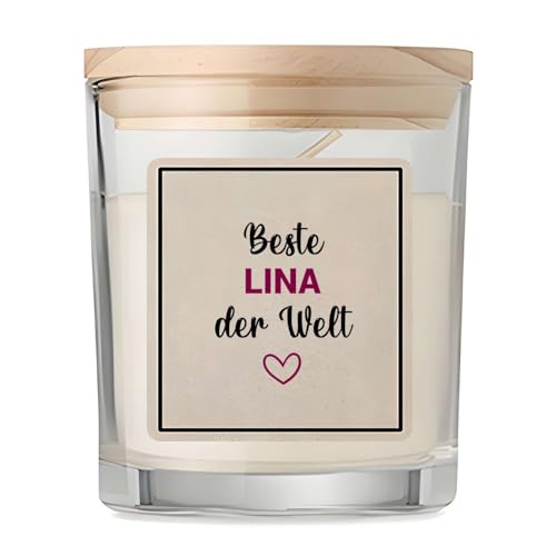 Duftkerze im Glas mit Spruch Beste Lina der Welt– Dekokerze mit Kraft-Etikett Geschenkidee für Frauen, Mama, Oma, Kollegin – Geburtstag, Muttertag, Weihnachten, Valentinstag, Ruhestand von Planetee