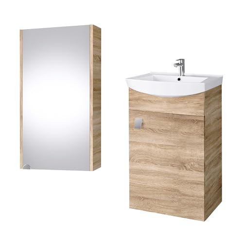 Planetmöbel Badmöbel Set aus Waschtisch + Waschbecken + Spiegelschrank, Gäste Bad WC, Farbe Sonoma Eiche von Planetmöbel