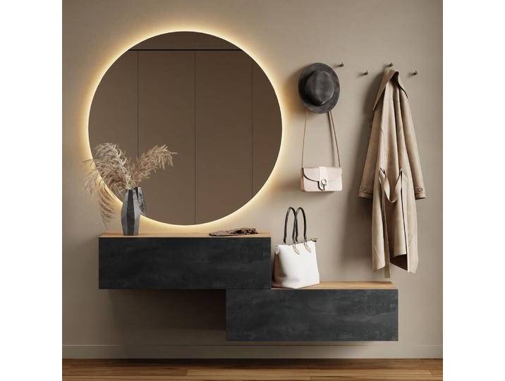 Flur Möbel Garderobe 2x Hängeschrank 100 cm gold eiche / schwarz charcoal mit Nova Spiegel 100 cm von Planetmöbel