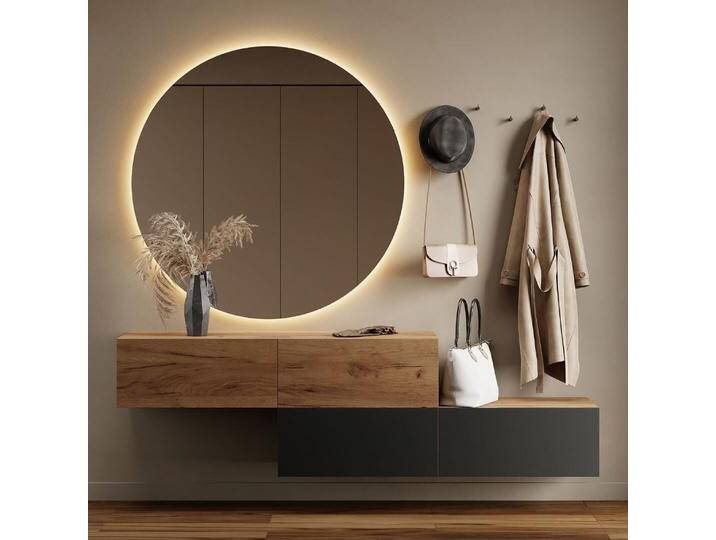 Flur Möbel Garderobe 2x Hängeschrank 140 cm gold eiche - gold eiche / anthrazit mit Nova Spiegel 100 cm von Planetmöbel