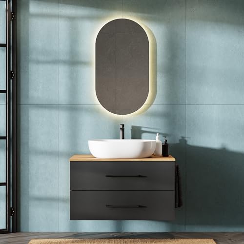 Planetmöbel LUX Badmöbel Set Waschbecken mit Unterschrank 90 cm hängend inkl. Aufsatz-Waschbecken 60 cm weiß, Waschbeckenunterschrank Gold Eiche/Anthrazit von Planetmöbel