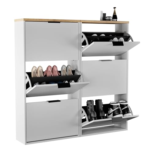 Planetmöbel 2 x Schuhschrank schmal mit 3 Klappen platzsparender Schuhregal mit 6 Ablagen, Schuhkommode für Diele, Flur, Garderobe 60 x 23 x 118 cm, weiß grau Planetmöbel 2 x Schuhschrank schmal mit 3 Klappen platzsparender Schuhregal mit 6 Ablagen, Schuhkommode für Diele, Flur, Garderobe 60 x 23 x 118 cm, weiß grau von Planetmöbel