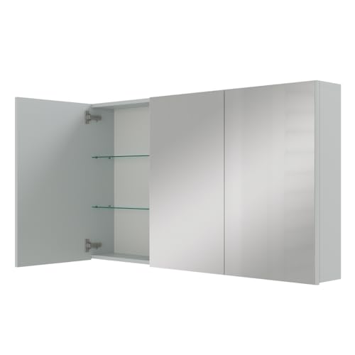 Planetmöbel ARIA Spiegelschrank Bad 120 cm breit | Badschrank hängend mit Spiegel | Weiß Grau, ohne Leuchte und Steckdose, Spiegelschrank Gäste WC 120 x 70 x 16 cm von Planetmöbel