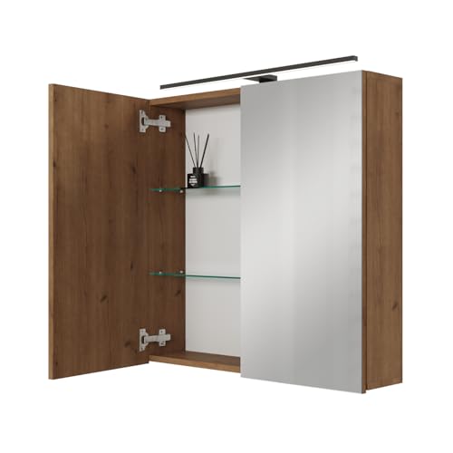 Planetmöbel ARIA Spiegelschrank Bad mit Beleuchtung 70 cm breit | Badschrank hängend mit Spiegel | Gold Eiche, mit Leuchte und Steckdose, Spiegelschrank Gäste WC 70 x 70 x 16 cm von Planetmöbel