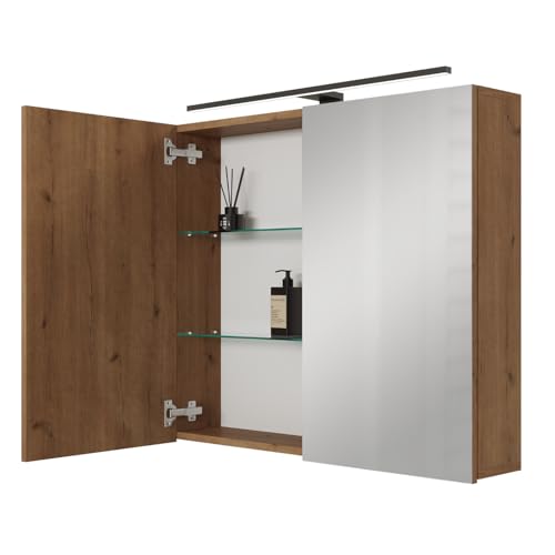 Planetmöbel ARIA Spiegelschrank Bad mit Beleuchtung 80 cm breit | Badschrank hängend mit Spiegel | Gold Eiche, mit Leuchte und Steckdose, Spiegelschrank Gäste WC 80 x 70 x 16 cm von Planetmöbel