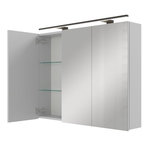 Planetmöbel ARIA Spiegelschrank Bad mit Beleuchtung 90 cm breit | Badschrank hängend mit Spiegel | Weiß Grau, mit Leuchte und Steckdose, Spiegelschrank Gäste WC 90 x 70 x 16 cm von Planetmöbel