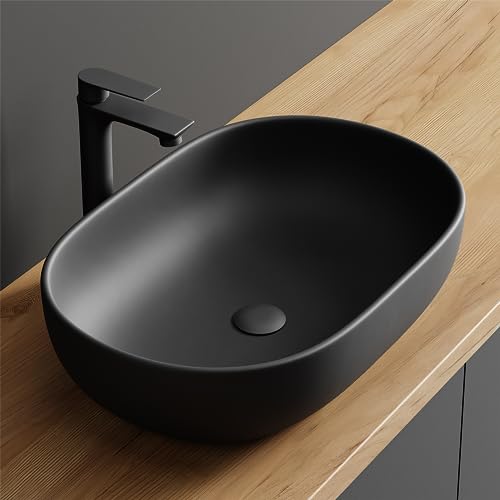 Planetmöbel Aquil Deluxe Waschbecken Oval | Aufsatzwaschbecken für Badezimmer und Gäste-WC | Handwaschbecken ohne Hahnloch und Überlauf | Schwarz matt, 60 x 40 x15 cm von Planetmöbel