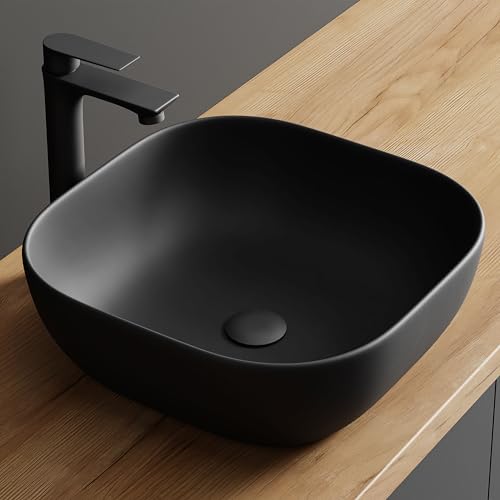 Planetmöbel Aquil Deluxe Waschbecken Quadratisch | Aufsatzwaschbecken für Badezimmer und Gäste-WC | Handwaschbecken ohne Hahnloch und Überlauf | Schwarz matt, 42,5 x 42,5 x14 cm von Planetmöbel