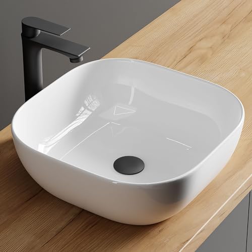 Planetmöbel Aquil Deluxe Waschbecken Quadratisch | Aufsatzwaschbecken für Badezimmer und Gäste-WC | Handwaschbecken ohne Hahnloch und Überlauf | weiß, 42,5 x 42,5 x14 cm von Planetmöbel
