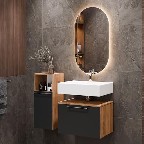 Planetmöbel Astra Badezimmer Unterschrank Waschbeckenunterschrank 60 cm mit 1x Midischrank Gold Eiche Anthrazit, Spiegel (mit LED) 50cm von Planetmöbel