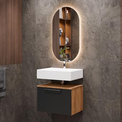 Planetmöbel Astra Badezimmer Unterschrank Waschbeckenunterschrank 60 cm Gold Eiche Anthrazit, Spiegel (mit LED) 50cm von Planetmöbel