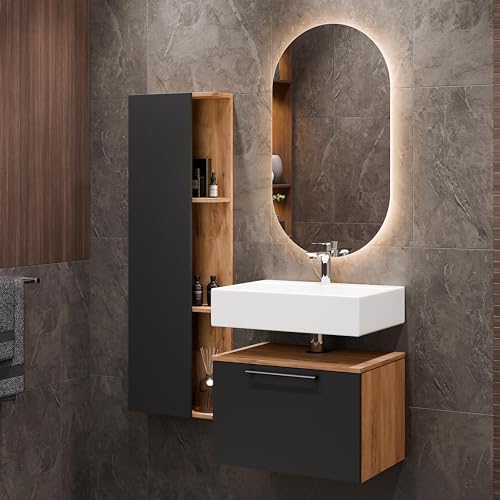 Planetmöbel Astra Badmöbel Set mit Waschbeckenunterschrank 60 cm mit 1x Seitenschrank Gold Eiche Anthrazit, Spiegel 50cm von Planetmöbel