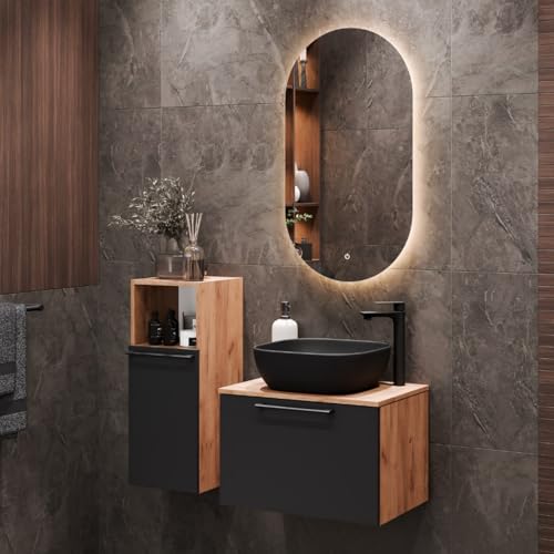 Planetmöbel Astra Badmöbel Set mit Waschtisch 60 cm mit 1x Midischrank Gold Eiche Anthrazit, Aufsatzwaschbecken 42 cm schwarz von Planetmöbel