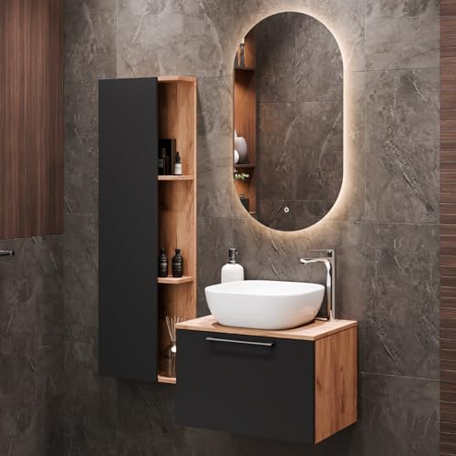 Planetmöbel Astra Badmöbel Set mit Waschtisch 60 cm mit 1x Seitenschrank Gold Eiche Anthrazit, ohne Aufsatzwaschbecken, Spiegel (mit LED) 50cm von Planetmöbel