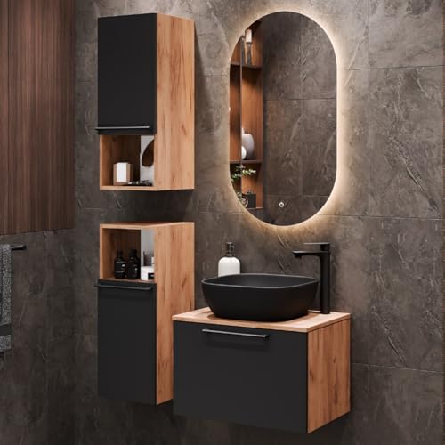 Planetmöbel Astra Badmöbel Set mit Waschtisch 60 cm mit 2X Midischrank Gold Eiche Anthrazit, Aufsatzwaschbecken 42 cm schwarz von Planetmöbel