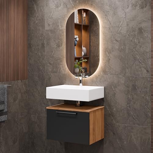 Planetmöbel Astra Badezimmer Unterschrank Waschbeckenunterschrank 60 cm Gold Eiche Anthrazit von Planetmöbel