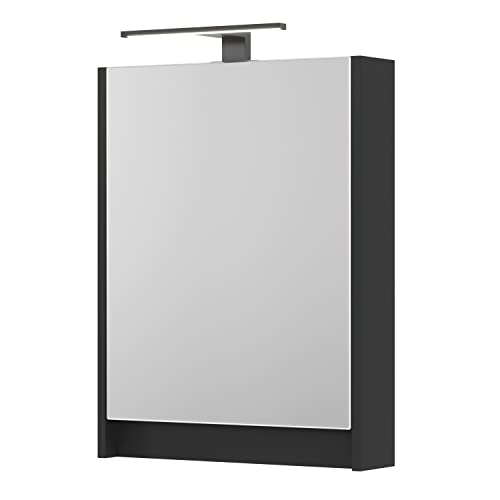 Planetmöbel Spiegelschrank Bad mit Beleuchtung 50 x 65 x 11,4 cm, schwarz matt, Badezimmerschrank mit Spiegel und LED Aufbauleuchte von Planetmöbel