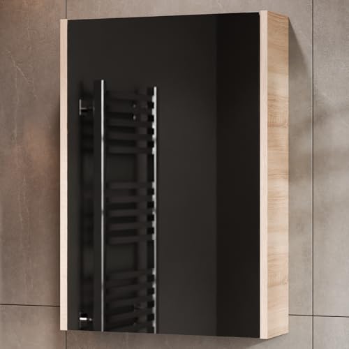 Planetmöbel Spiegelschrank Bad 50 cm, Badezimmerschrank, Aufbewahrungsschrank mit Tür und 2 Glasregalböden, 47,6 x 67,6 x 13,8 cm, Sonoma Eiche von Planetmöbel