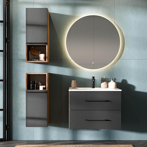 Planetmöbel Badmöbel Komplettset Badezimmer Möbel, Komplettset 3-Teilig 70cm mit Keramikwaschbecken und 2X Midischrank, in den Farben Gold Eiche/Anthrazit von Planetmöbel