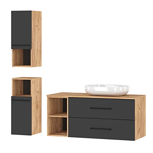 Planetmöbel Badmöbel Komplettset Badmöbel Komplettset 4-teilig 120cm mit Aufsatzwaschbecken und 2X Midischrank, in den Farben Gold Eiche/Anthrazit von Planetmöbel