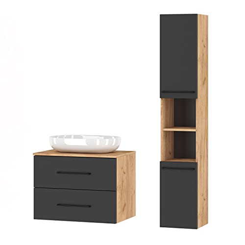 Planetmöbel Badmöbel Komplettset Badmöbel Komplettset 4-teilig 70cm mit Aufsatzwaschbecken und Hochschrank, in den Farben Gold Eiche/Anthrazit von Planetmöbel