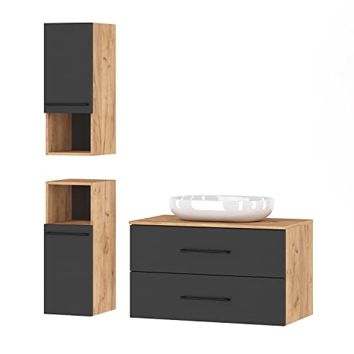 Planetmöbel Badmöbel Komplettset Badmöbel Komplettset 4-teilig 90cm mit Aufsatzwaschbecken und 2X Midischrank, in den Farben Gold Eiche/Anthrazit von Planetmöbel