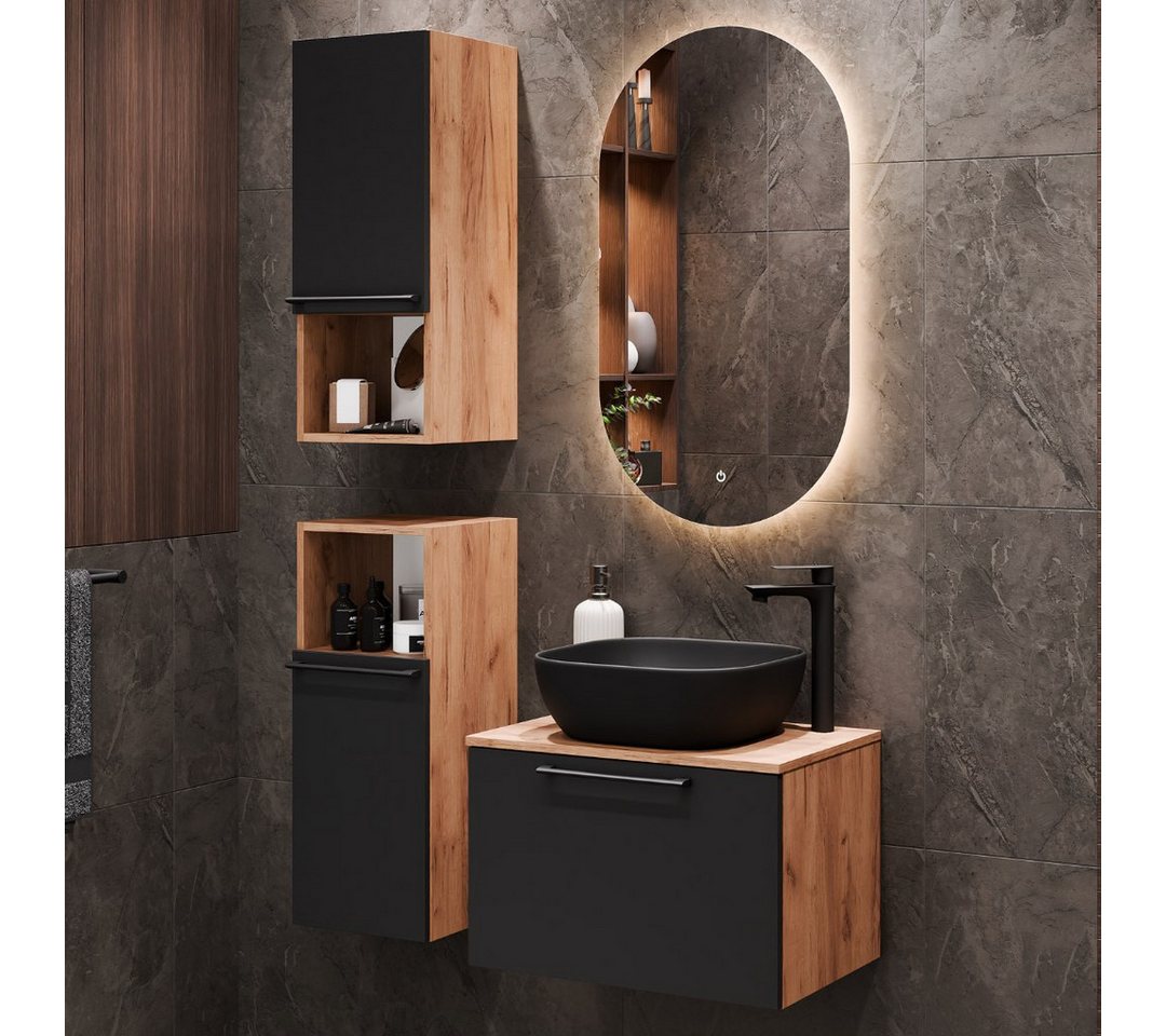 Planetmöbel Badmöbel-Set ASTRA, (Waschbecken, 4-St., Waschbeckenunterschrank), mit 2x Midischrank & Waschbecken schwarz von Planetmöbel