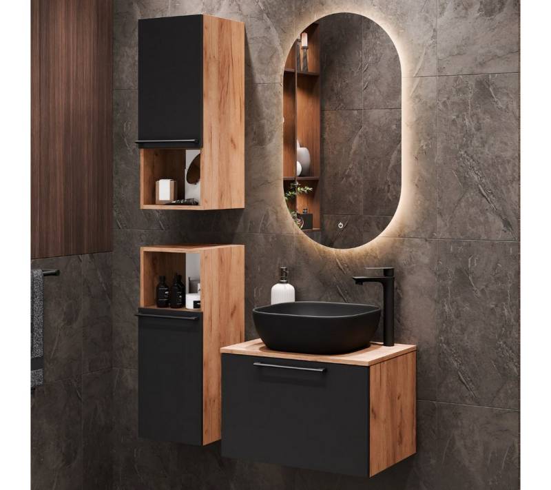 Planetmöbel Badmöbel-Set ASTRA, (Waschbecken, 4-St., Waschbeckenunterschrank), mit 2x Midischrank & Waschbecken schwarz von Planetmöbel