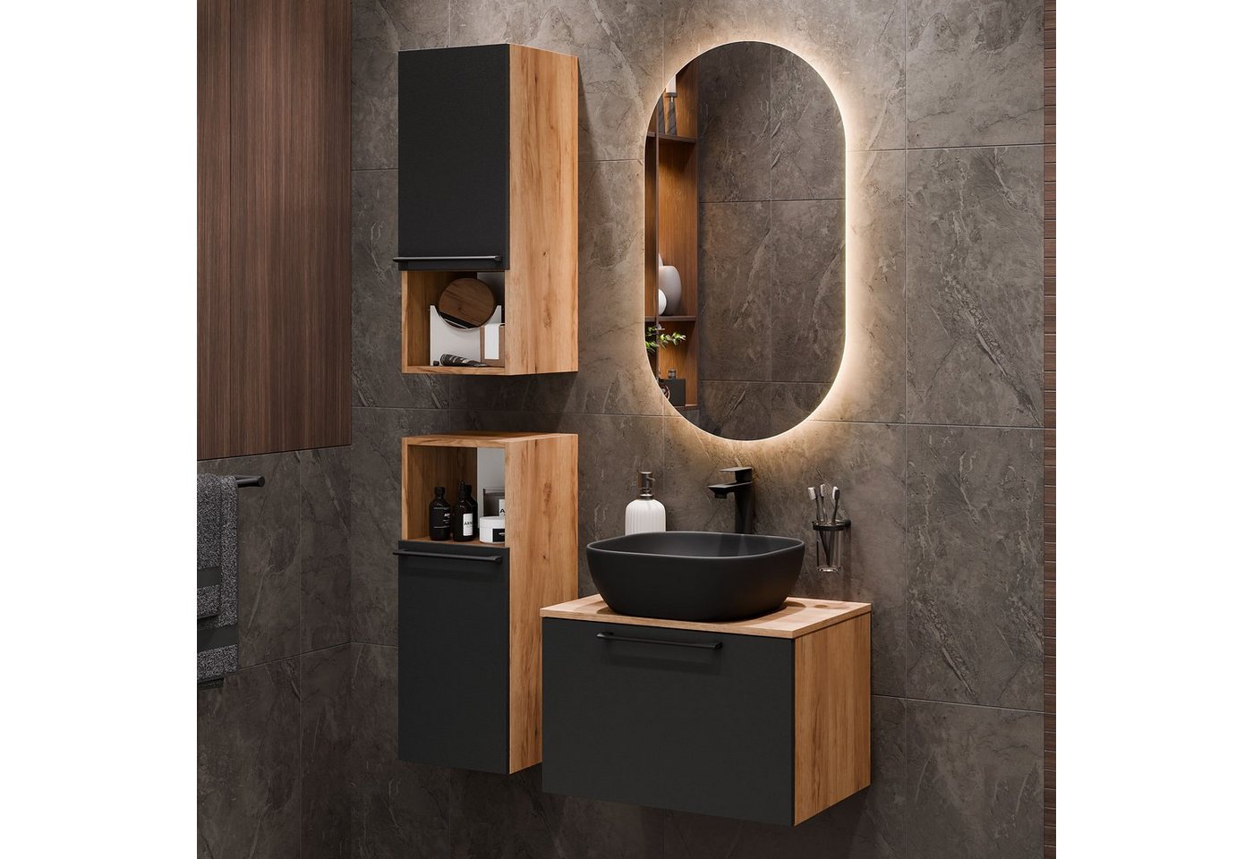 Planetmöbel Badmöbel-Set Astra, (Badezimmer Möbel im modernen Design, 4-St), mit 2x Midischrank & Waschbecken schwarz von Planetmöbel