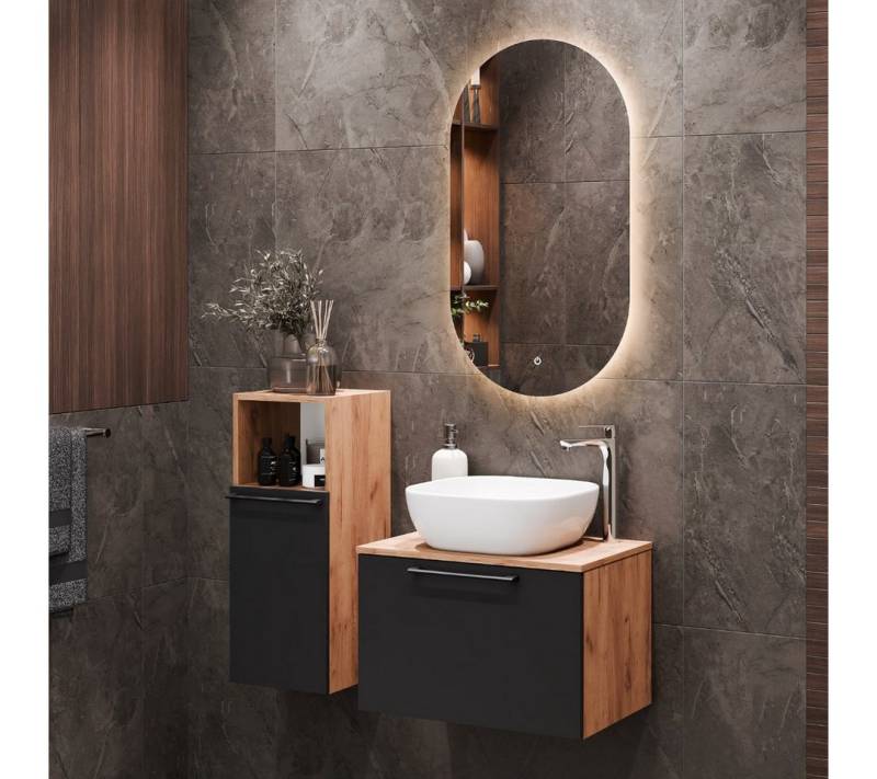 Planetmöbel Badmöbel-Set Astra, (Badezimmer Möbel im modernen Design, 4-St), Waschtisch und Waschbecken weiß mit Spiegel & 1x Midischrank von Planetmöbel