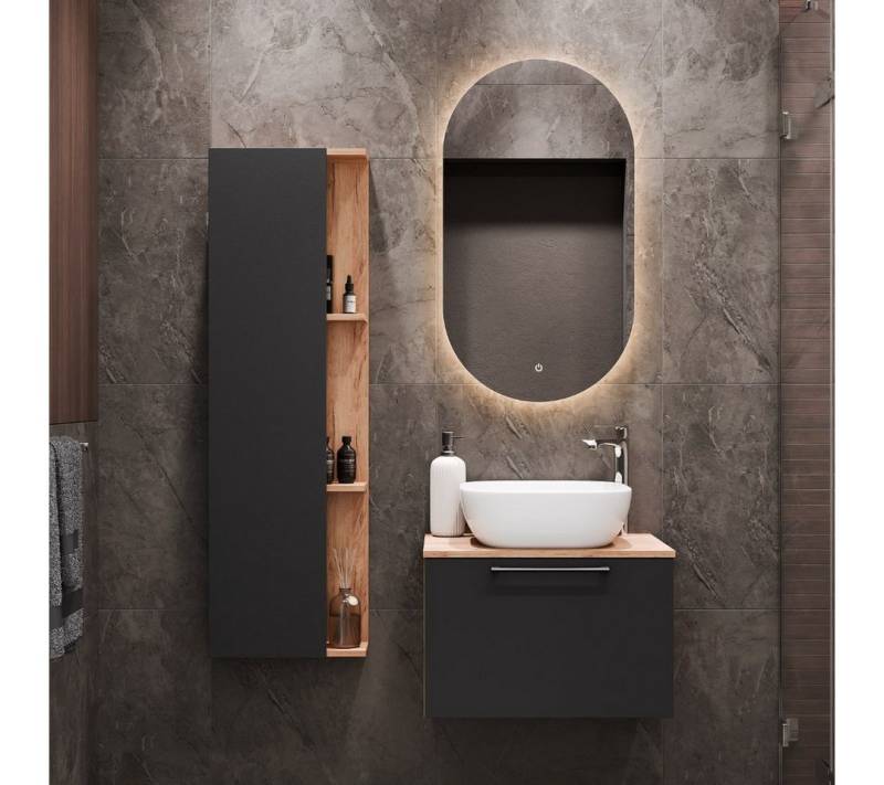 Planetmöbel Badmöbel-Set ASTRA, (Badezimmer Möbel im modernen Design, 4-St), Waschtisch und Waschbecken weiß mit Spiegel & 1x Seitenschrank von Planetmöbel