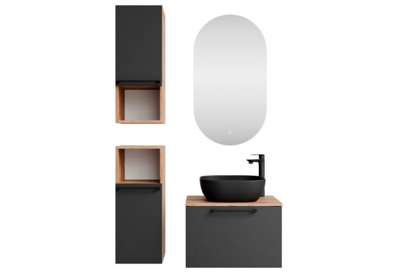 Planetmöbel Badmöbel-Set Astra, (Badezimmerschrank, 5-St., Waschbeckenunterschrank), Waschtisch und Waschbecken schwarz mit Spiegel und 2x Midischrank von Planetmöbel