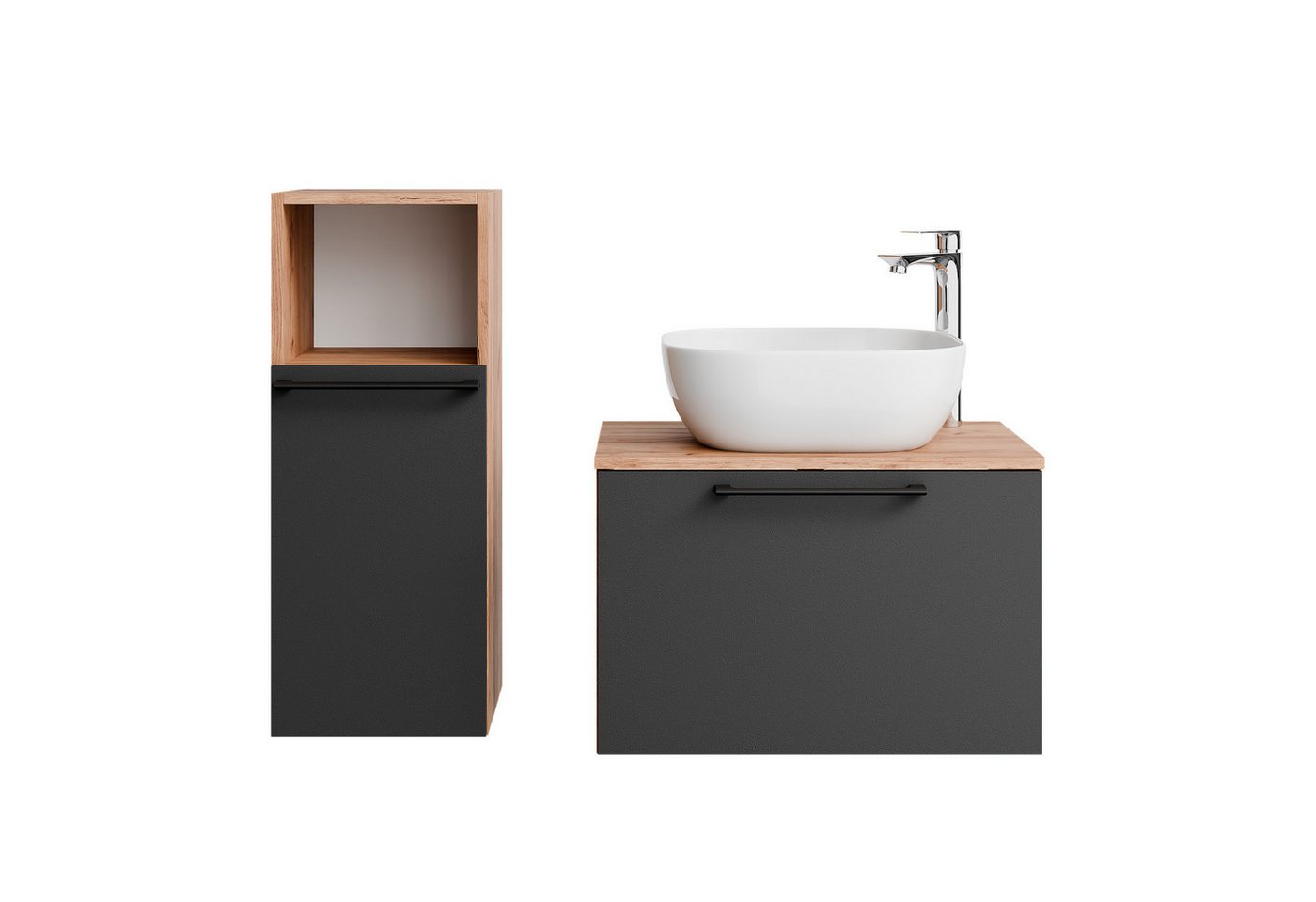 Planetmöbel Badmöbel-Set Astra, (Waschbeckenunterschrank, 3-St., Badezimmerschrank), Waschtisch und Waschbecken weiß mit 1x Midischrank von Planetmöbel