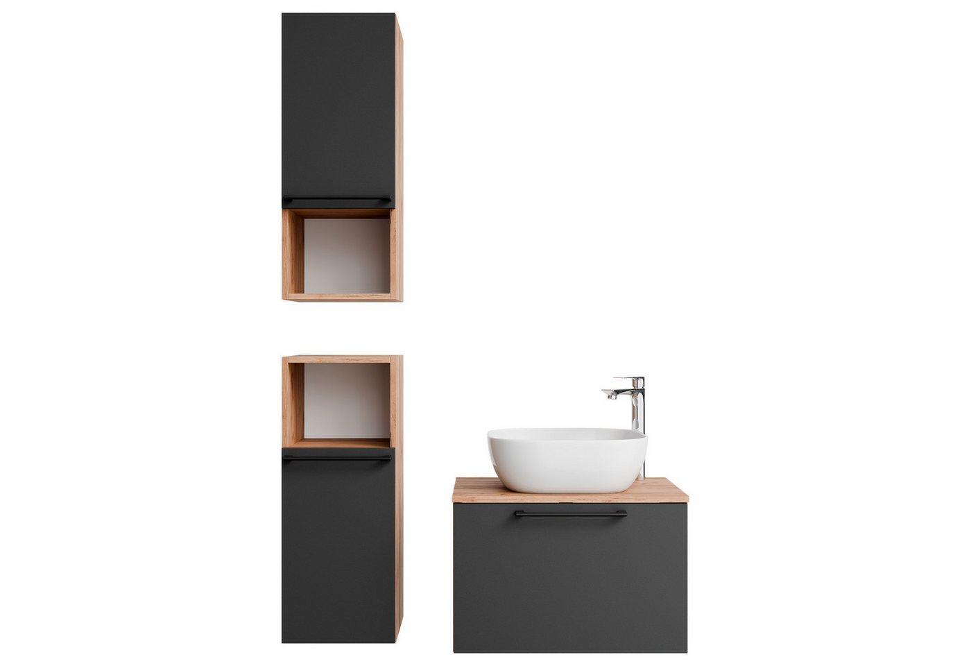 Planetmöbel Badmöbel-Set Astra, (Waschbeckenunterschrank, 4-St., Badezimmerschrank), Waschtisch und Waschbecken weiß mit 2x Midischrank von Planetmöbel