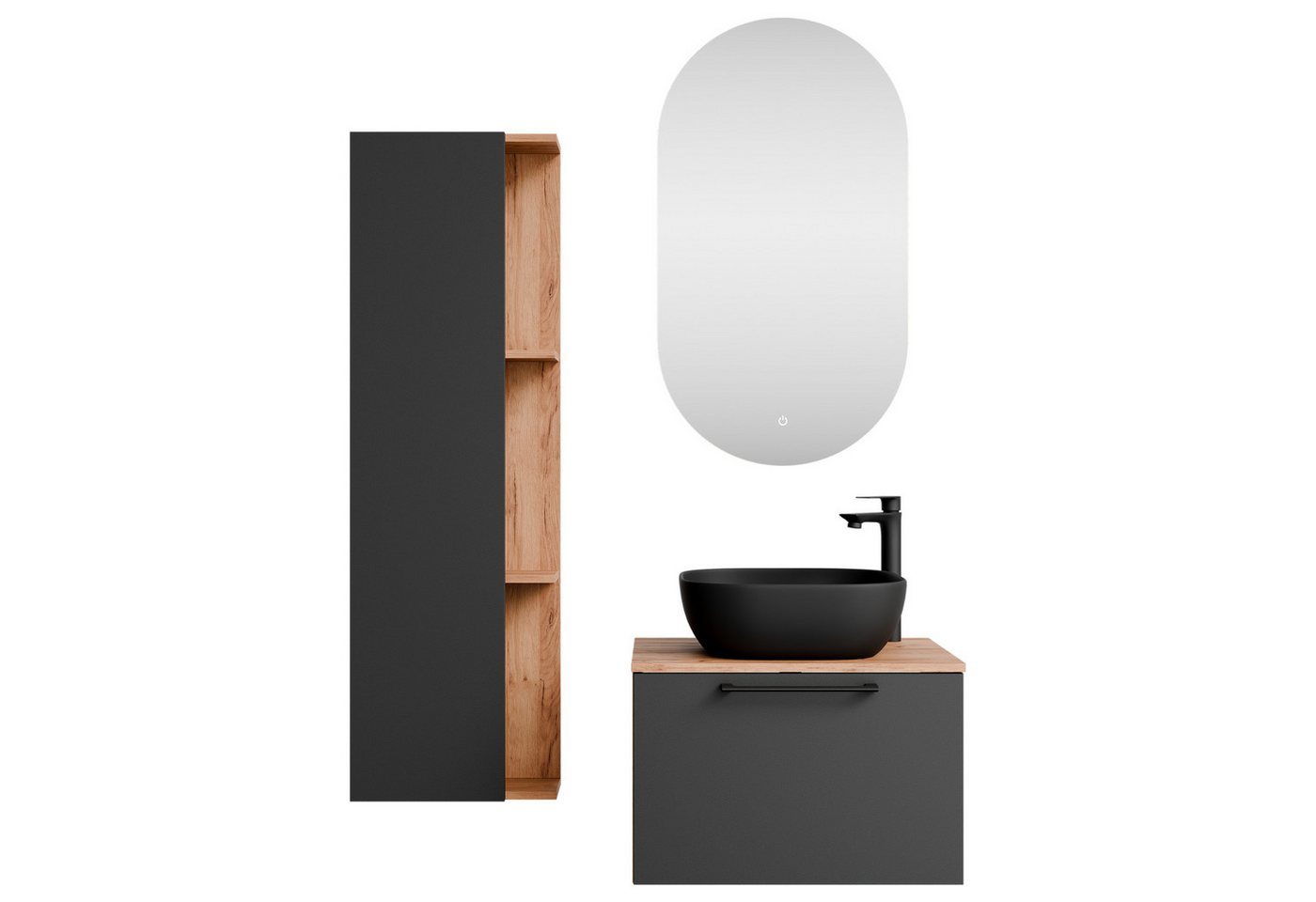 Planetmöbel Badmöbel-Set Astra, (Waschbeckenunterschrank, 4-St., Spiegel), Waschtisch und Waschbecken schwarz mit Spiegel und 2x Midischrank von Planetmöbel