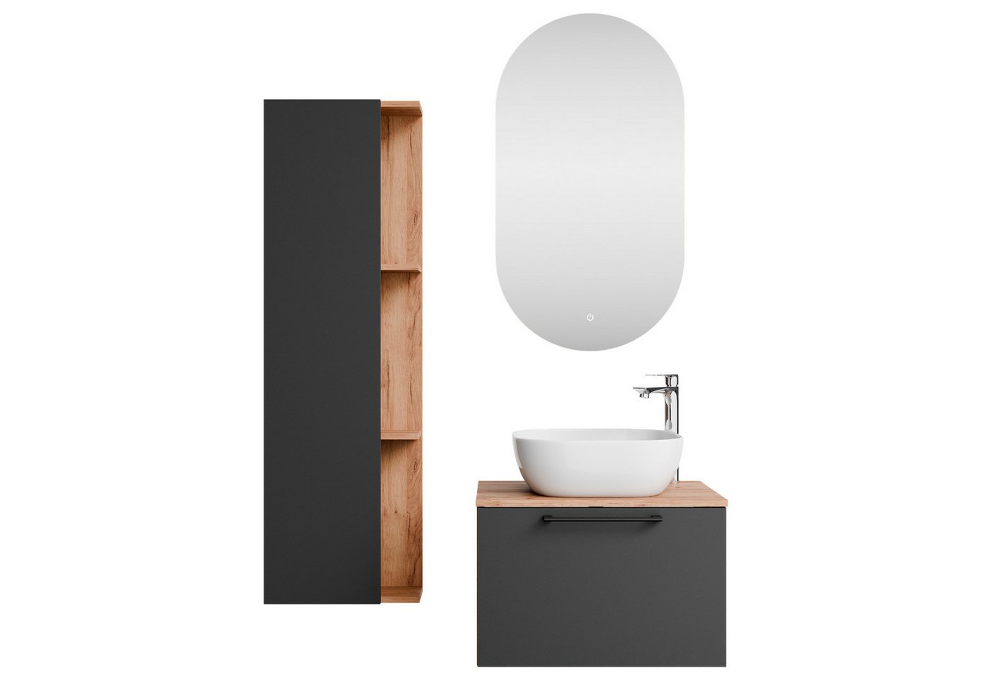 Planetmöbel Badmöbel-Set Astra, (Waschbeckenunterschrank, 4-St., Spiegel), Waschtisch und Waschbecken weiß mit Spiegel & 1x Seitenschrank von Planetmöbel