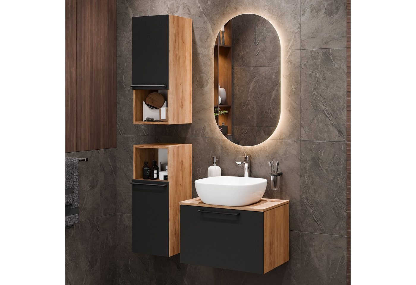 Planetmöbel Badmöbel-Set Astra, (Badezimmer Möbel im modernen Design, 4-St), Waschtisch und Waschbecken weiß mit 2x Midischrank von Planetmöbel