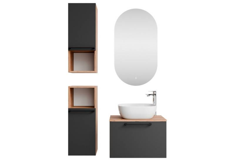 Planetmöbel Badmöbel-Set Astra, (Waschtischunterschrank, 5-St., Spiegel), Waschtisch und Waschbecken weiß mit Spiegel & 2x Midischrank von Planetmöbel